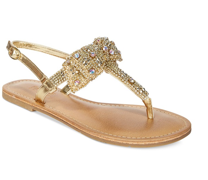 gold flat sandals with rhinestones